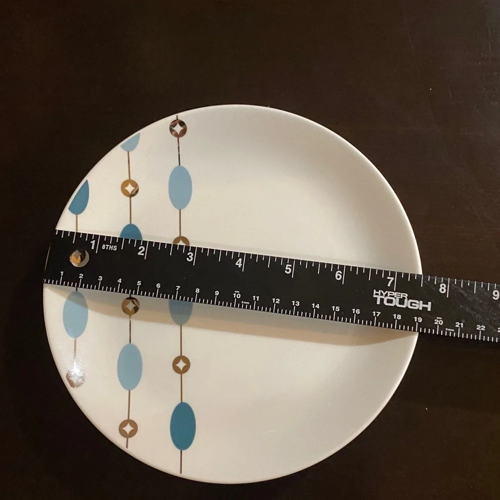 Pier 1 White Salad Plates with Blue &Green Accents. Beaded Garland. Set of 4.